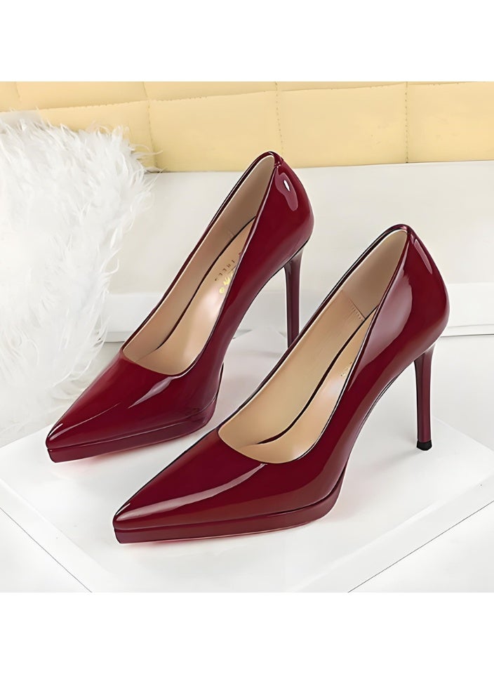 بيج تري المرأة مغلقة أشارت إصبع القدم الكعب العالي مضخات الحزب فستان الأحذية النبيذ الأحمر 10.5CM - Image 1