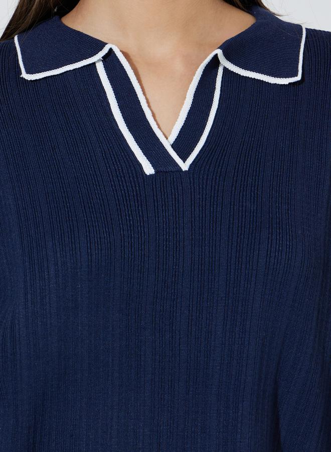 Styli Navy Blue Knit Top with White Trim - Image 3