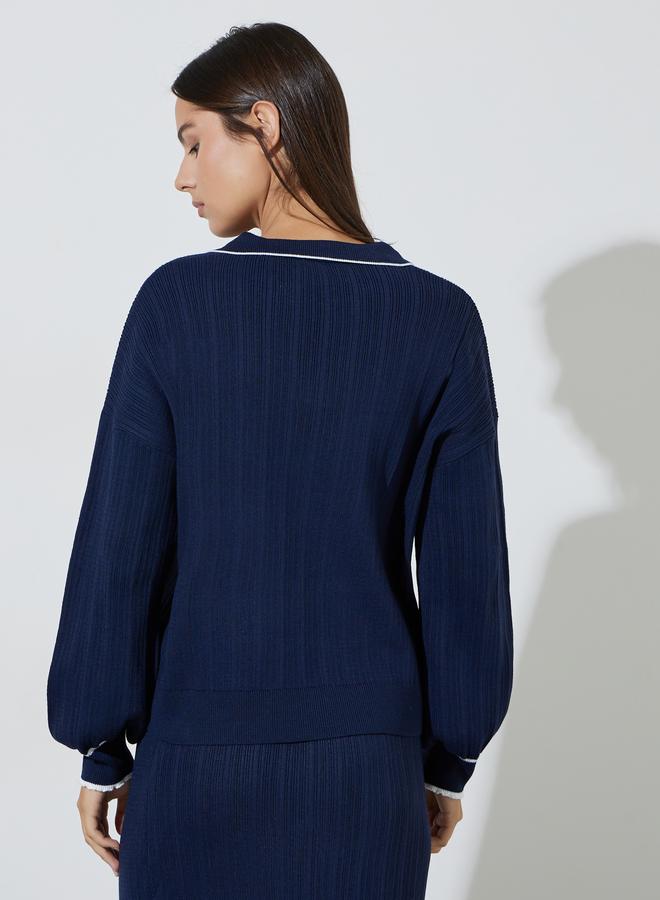 Styli Navy Blue Knit Top with White Trim - Image 4