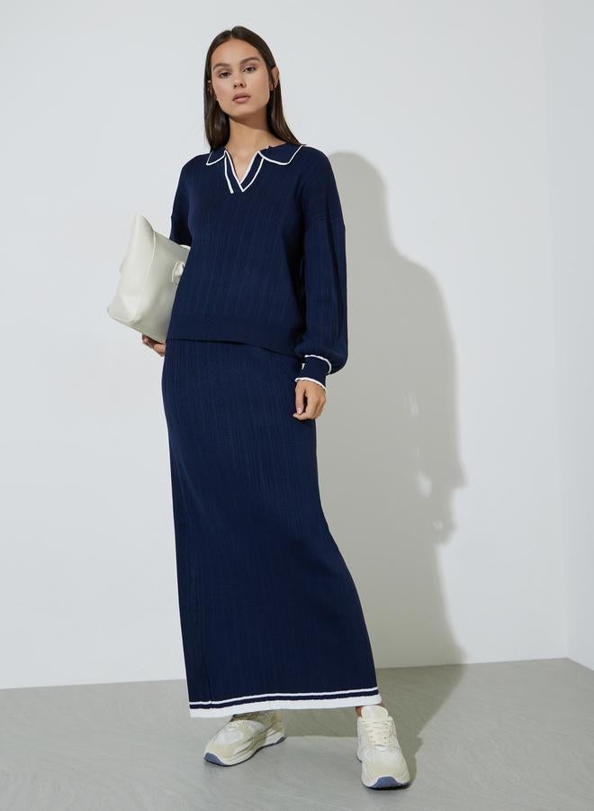 Styli Navy Blue Knit Top with White Trim - Image 2