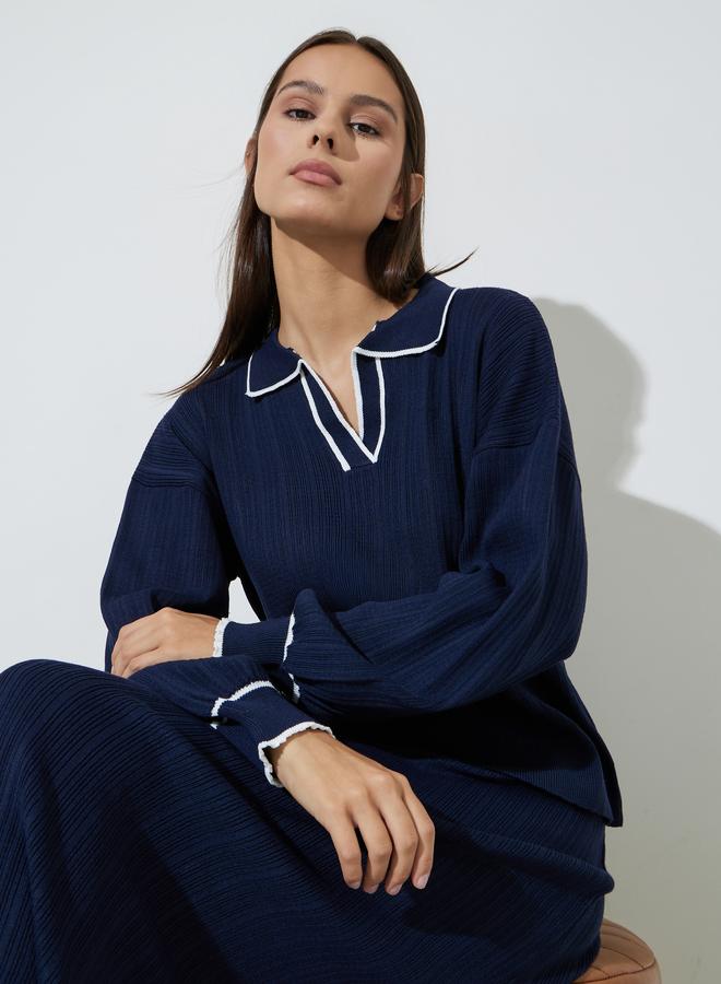 Styli Navy Blue Knit Top with White Trim - Image 1