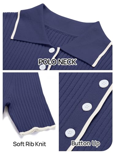MEROKEETY Women's V Neck Ribbed Knit Maxi Dress Button Short Sleeve Slim Fit Bodycon Sweater Dress, Navy, Small - Image 5
