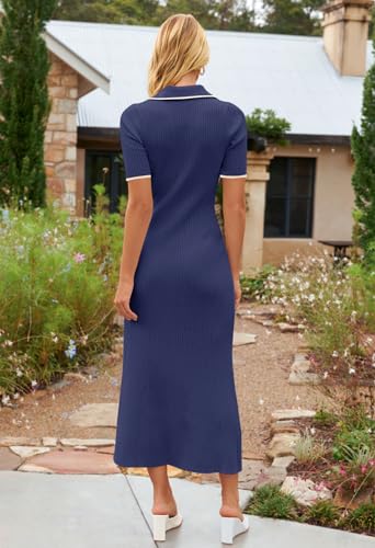 MEROKEETY Women's V Neck Ribbed Knit Maxi Dress Button Short Sleeve Slim Fit Bodycon Sweater Dress, Navy, Small - Image 4
