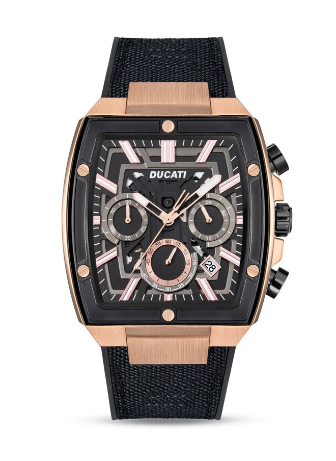 دوكاتي DT005 Men's 40mm Chronograph Watch with Black Dial, Rose-Gold Accents & Leather Silicone Strap