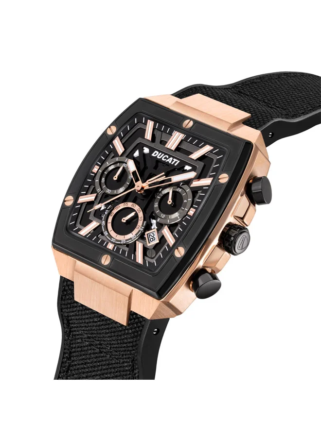 دوكاتي DT005 Men's 40mm Chronograph Watch with Black Dial, Rose-Gold Accents & Leather Silicone Strap