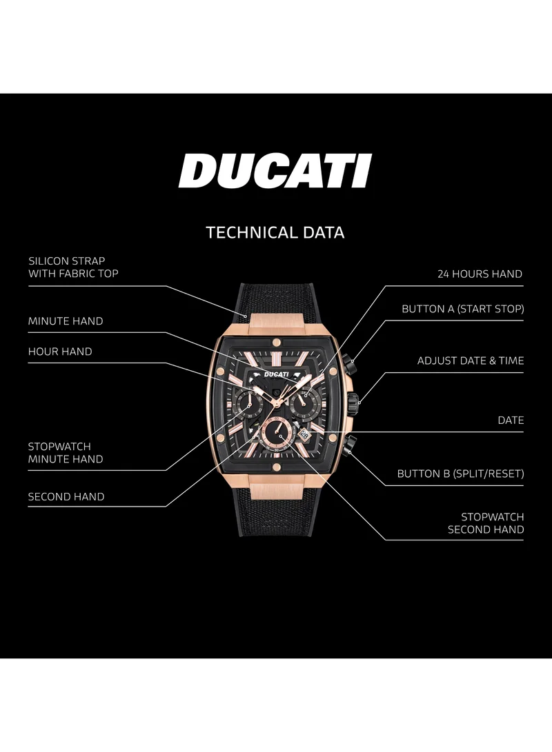 Ducati DT005 Men's 40mm Chronograph Watch with Black Dial, Rose-Gold Accents & Leather Silicone Strap