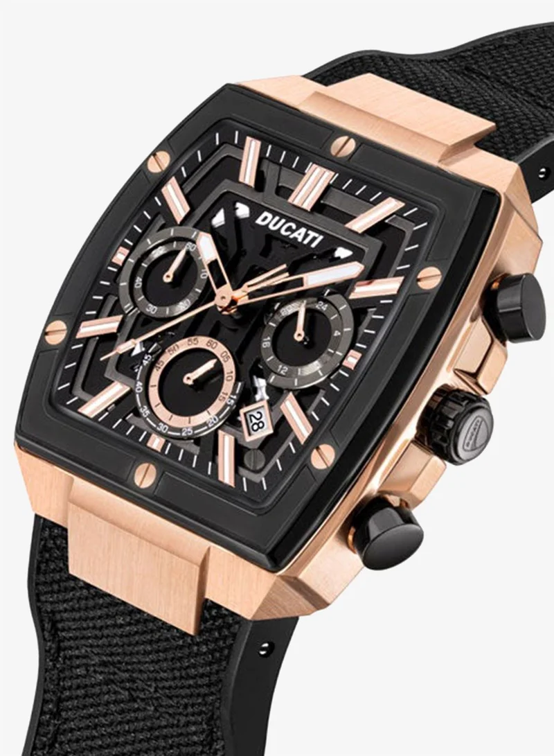 Ducati DT005 Men's 40mm Chronograph Watch with Black Dial, Rose-Gold Accents & Leather Silicone Strap
