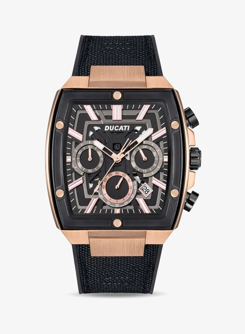 Ducati DT005 Men's 40mm Chronograph Watch with Black Dial, Rose-Gold Accents & Leather Silicone Strap