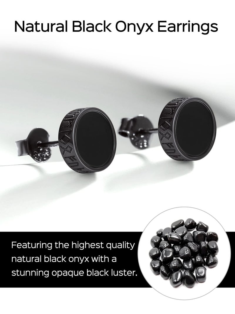 ChicSilver 925 Sterling Silver Earrings for Men, Hypoallergenic 8MM Viking Rune Men's Earring, Natural Black Onyx Mens Stud, Fathers Day Christmas Jewelry - Image 2