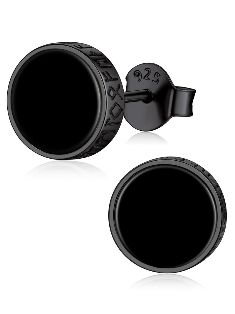 ChicSilver 925 Sterling Silver Earrings for Men, Hypoallergenic 8MM Viking Rune Men's Earring, Natural Black Onyx Mens Stud, Fathers Day Christmas Jewelry - Image 1