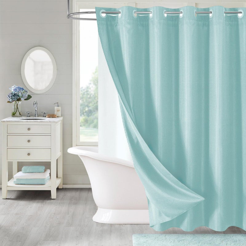 MitoVilla Teal No Hooks Needed Waffle Shower Curtain with Snap-in Liner  Turquoise Modern Waffle Weave Heavy Fabric Cloth Shower Curtain for Aqua Luxury Neutral Hotel Spa Bathroom Decor  72 x 74 - Image 1