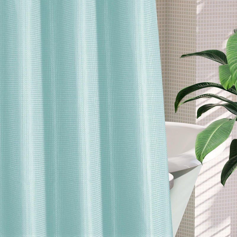 MitoVilla Teal No Hooks Needed Waffle Shower Curtain with Snap-in Liner  Turquoise Modern Waffle Weave Heavy Fabric Cloth Shower Curtain for Aqua Luxury Neutral Hotel Spa Bathroom Decor  72 x 74 - Image 5