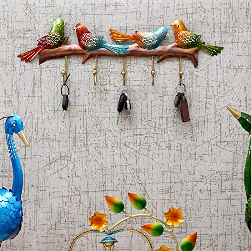 CRAFT TREE Multicolour Handpainted Metal Bird Key Holder Showpiece | Decorative Wall-Mounted Organizer with 5 Hooks | Size: L21 x B2 x H7 Inches | 2 KG Weight Capacity - Image 1