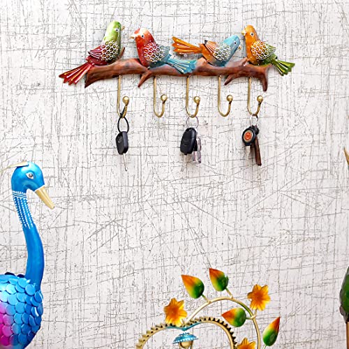CRAFT TREE Multicolour Handpainted Metal Bird Key Holder Showpiece | Decorative Wall-Mounted Organizer with 5 Hooks | Size: L21 x B2 x H7 Inches | 2 KG Weight Capacity - Image 2