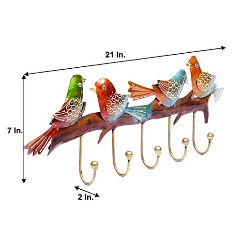 CRAFT TREE Multicolour Handpainted Metal Bird Key Holder Showpiece | Decorative Wall-Mounted Organizer with 5 Hooks | Size: L21 x B2 x H7 Inches | 2 KG Weight Capacity - Image 3