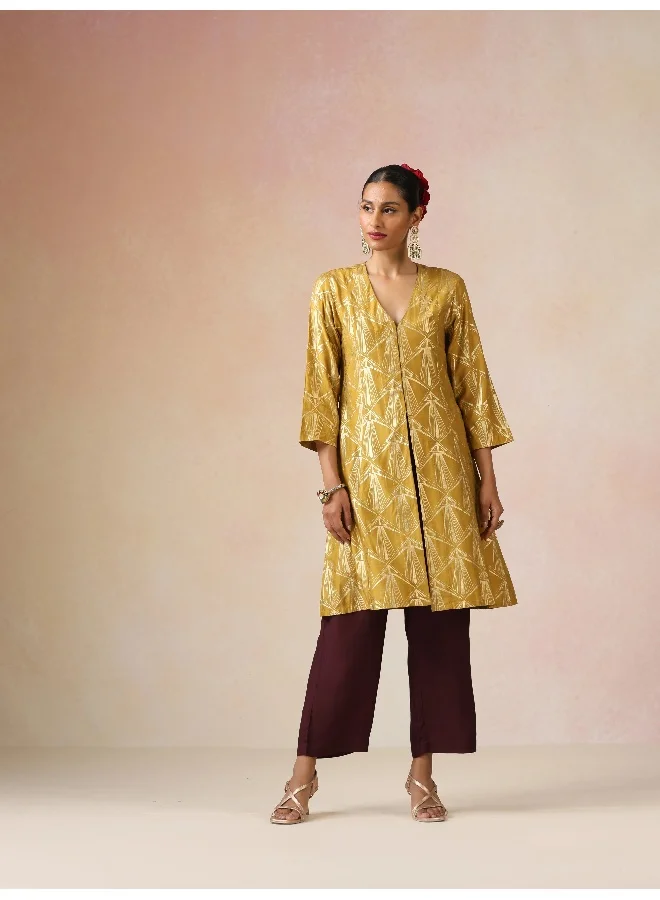 ترو برونز trueBrowns Mustard Gold Foil Print Muslin Silk Fit And Flared Kurta co-ord Set