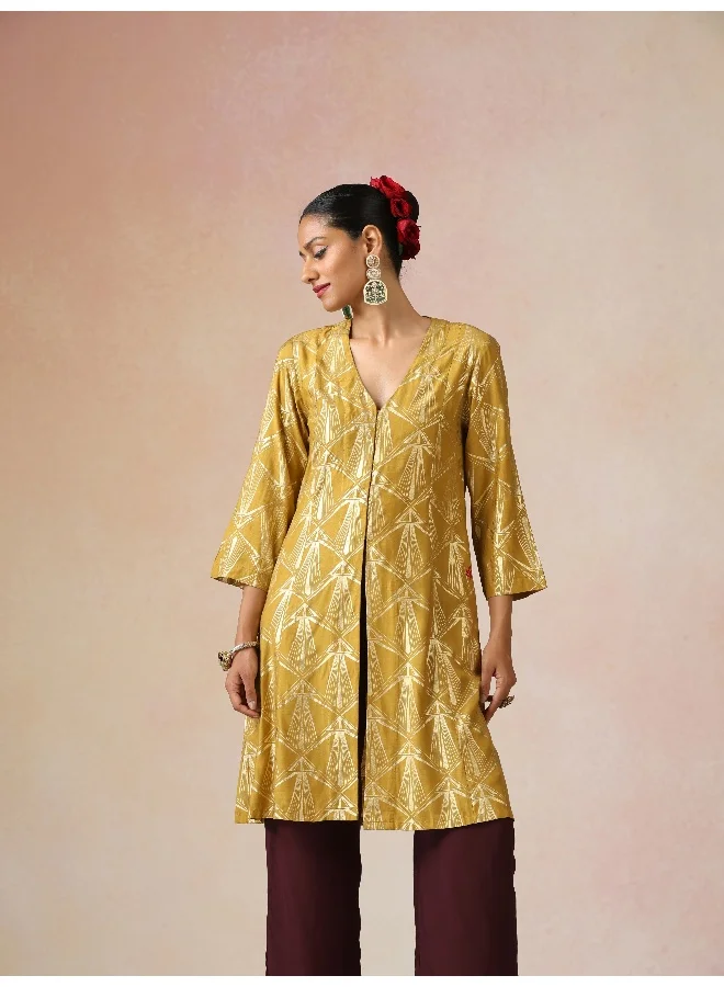 trueBrowns trueBrowns Mustard Gold Foil Print Muslin Silk Fit And Flared Kurta co-ord Set
