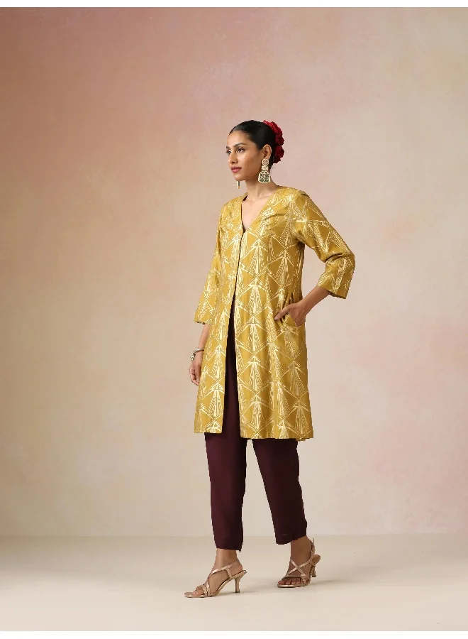 trueBrowns trueBrowns Mustard Gold Foil Print Muslin Silk Fit And Flared Kurta co-ord Set