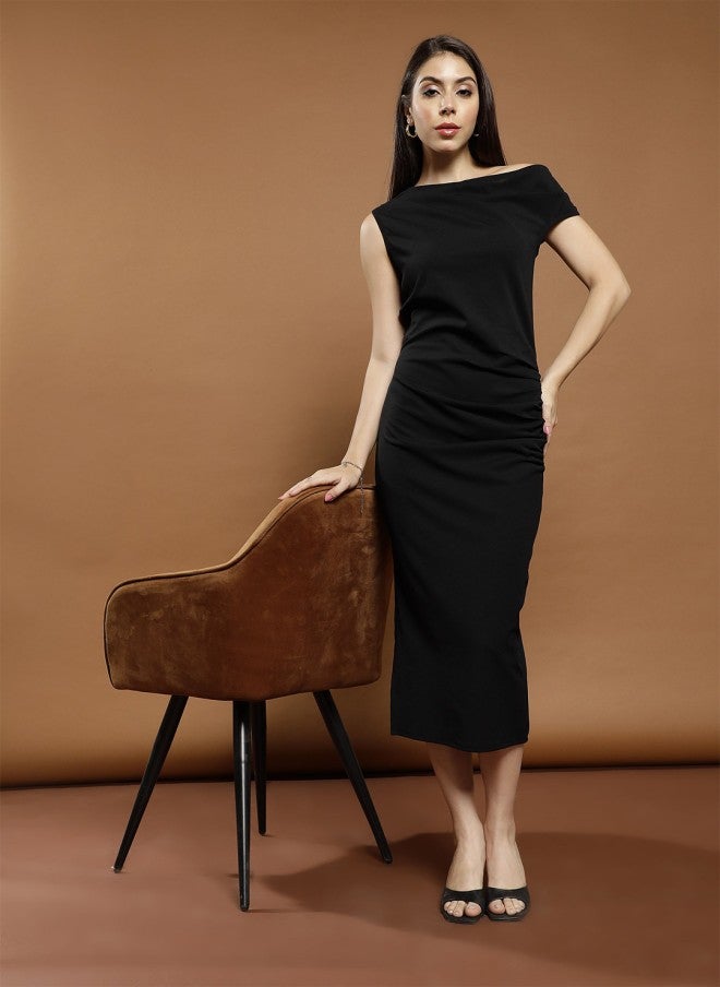 Athena Black Off-Shoulder Bodycon Midi Dress for Women - Image 1