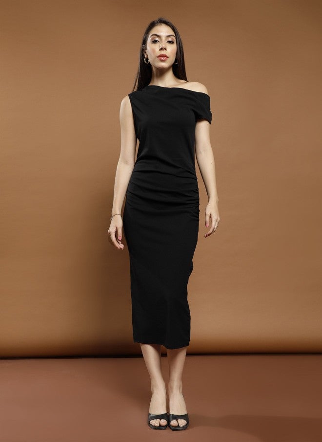 Athena Black Off-Shoulder Bodycon Midi Dress for Women - Image 2
