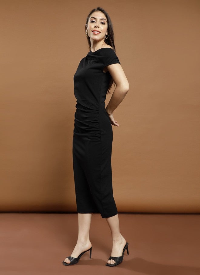 Athena Black Off-Shoulder Bodycon Midi Dress for Women - Image 5