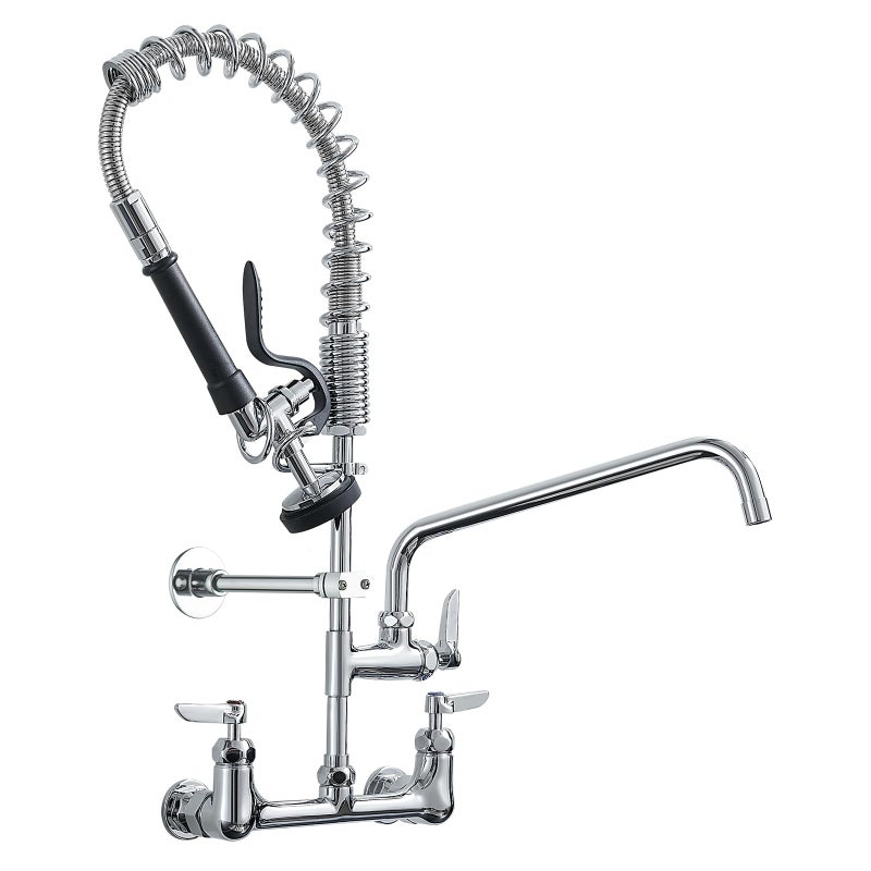 Fapully Commercial Kitchen FaucetWall Mount Kitchen Sink Faucet with PreRinse Pull Down Sprayer25 Height 8 Center 3 Compartment Sink Faucets with 122 Swing Spout Chrome