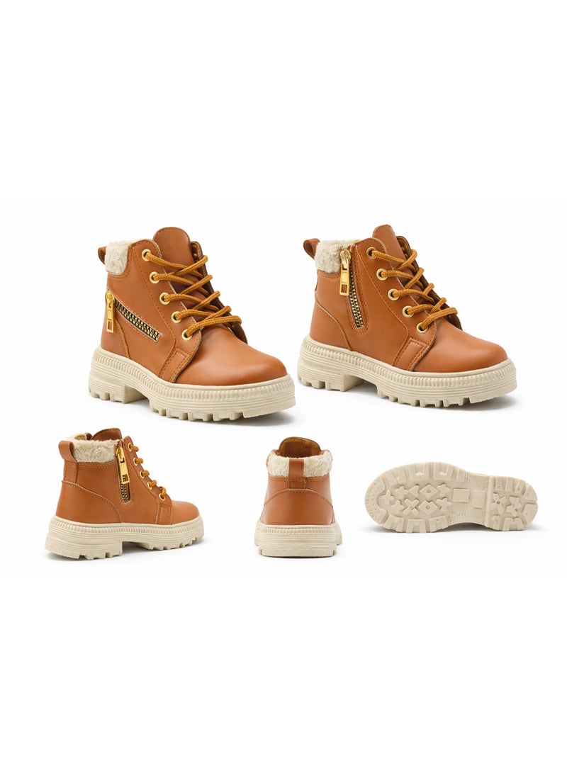 جزمة بناتي شتوي بسحّاب ورباط – نعل تقيل مريح – لون بني