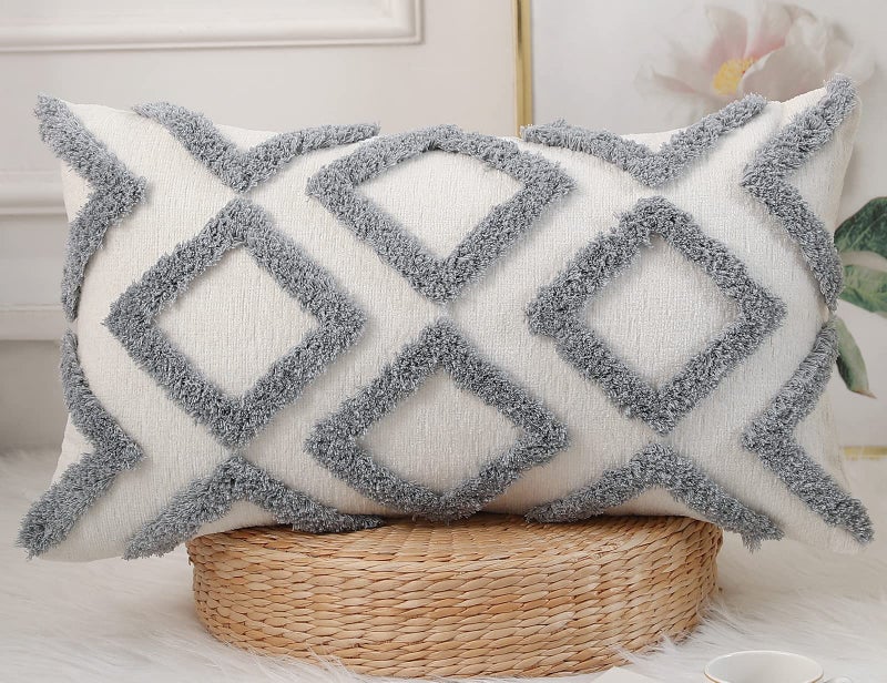 NUYECY Diamond Pattern Long Pillow Covers 14 x 26Plush Chenille Decorative Long Lumbar Pillow Case Pillow Covers Cushion Case for Sofa Couch Bed Livingroom FarmhouseModern BohoGrey