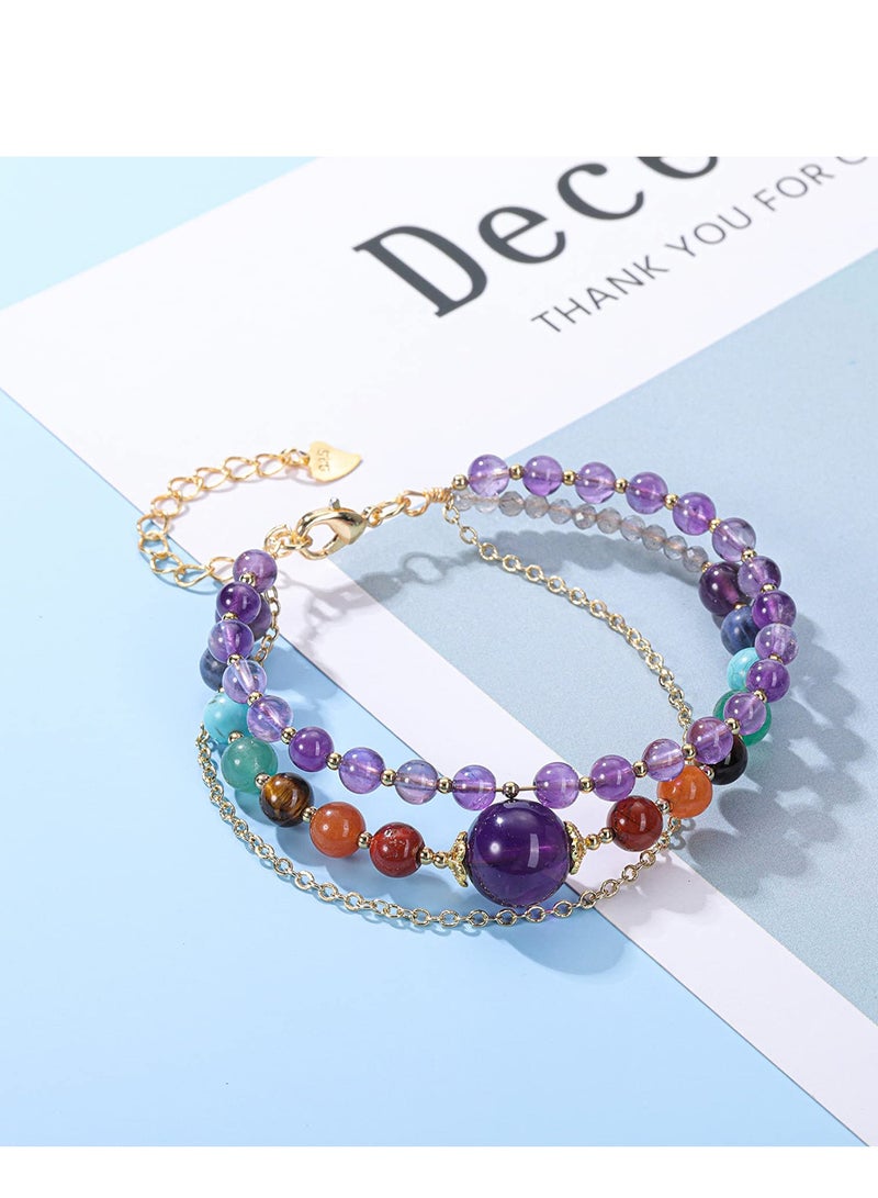 Healing Amethyst Crystals Bracelets, 3 Layers 14K Gold Plated with 7 Chakra Crystal Stones, Reiki Healing Gemstones Jewelry for Women - Image 5
