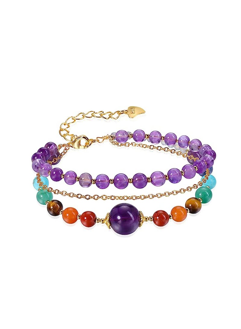 Healing Amethyst Crystals Bracelets, 3 Layers 14K Gold Plated with 7 Chakra Crystal Stones, Reiki Healing Gemstones Jewelry for Women - Image 1