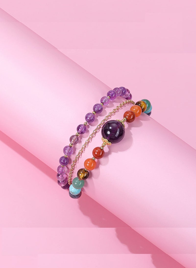Healing Amethyst Crystals Bracelets, 3 Layers 14K Gold Plated with 7 Chakra Crystal Stones, Reiki Healing Gemstones Jewelry for Women - Image 3