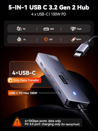 QUUGE USB C Hub 10Gbps, QUUGE 5-in-1 USB Splitter with 4 USB-C 3.2 and PD 100W Charging, Fast Transfer Aluminum Multiport Type-C Adapter with 100cm Nylon Cable for MacBook Air/Pro, iPad, Surface Pro, XPS - Image 2