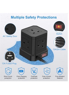 ماركة غير محددة وصلة تمديد مكعبة مع فتحات USB، شريط طاقة 5 اتجاهات مع 4 منافذ USB (5 فولت/3.1 أمبير)، مقبس تمديد طاقة أسود متعدد التوصيل 3250 وات/13 أمبير، أسلاك كابل تمديد 1.5 متر للسفر في المكتب والمنزل والمكتب  - Image 3