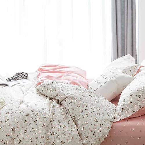 Faincy Floral Queen Size Comforter Set, Pink White Flower Leaf Pattern Printed Preppy Reversible Alternative Bed Sets - 90 x 90 3PC Soft Microfiber Duvet Vintage Bedding in a Bag for Women Girls - Image 3