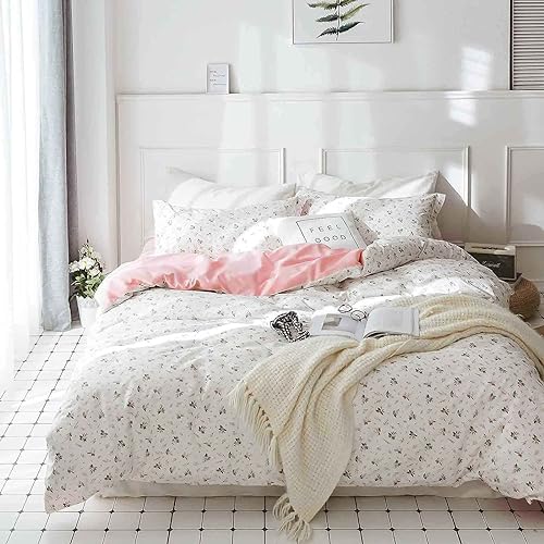 Faincy Floral Queen Size Comforter Set, Pink White Flower Leaf Pattern Printed Preppy Reversible Alternative Bed Sets - 90 x 90 3PC Soft Microfiber Duvet Vintage Bedding in a Bag for Women Girls - Image 2