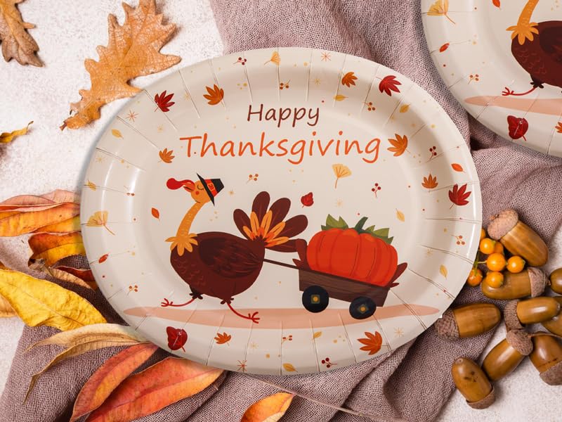WDF 50Pack Thanksgiving Oval Plates Paper - 10"" x 12"" Happy Thanksgiving Plates Disposable Dinner Autumn Fall Harvest Party Supply - Turkey Thankful Pattern - Image 1