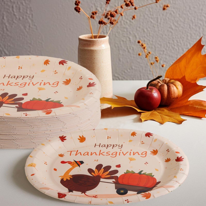 WDF 50Pack Thanksgiving Oval Plates Paper - 10"" x 12"" Happy Thanksgiving Plates Disposable Dinner Autumn Fall Harvest Party Supply - Turkey Thankful Pattern - Image 3