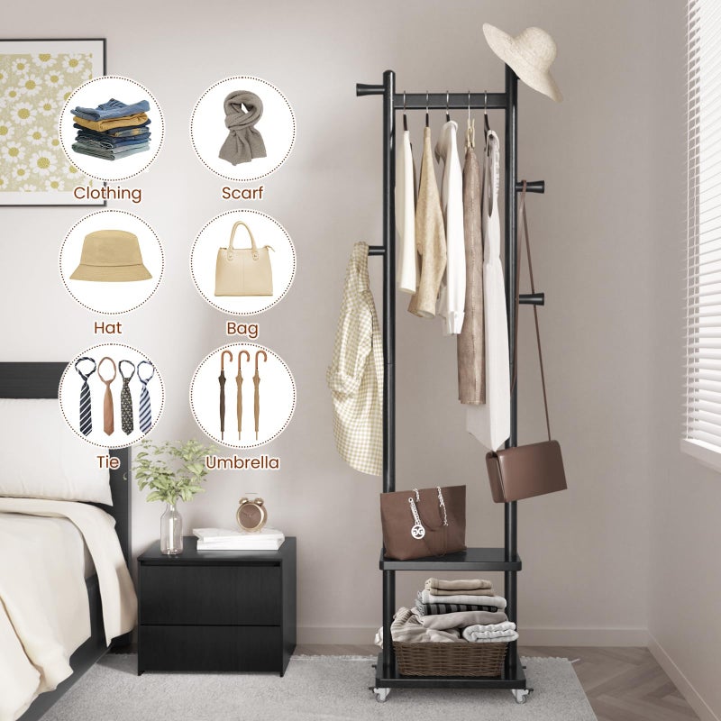 Taitiy Solid Wood Coat Rack Freestanding Clothing Rack with Wheels & 2 Shelves Storage & 5 Hooks Heavy Duty Clothes Rack Wood Coat Tree Stand Hat Hanger Rack for Corner Bedroom Entryway Living Room Hotel - Image 2