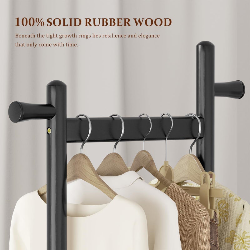 Taitiy Solid Wood Coat Rack Freestanding Clothing Rack with Wheels & 2 Shelves Storage & 5 Hooks Heavy Duty Clothes Rack Wood Coat Tree Stand Hat Hanger Rack for Corner Bedroom Entryway Living Room Hotel - Image 4