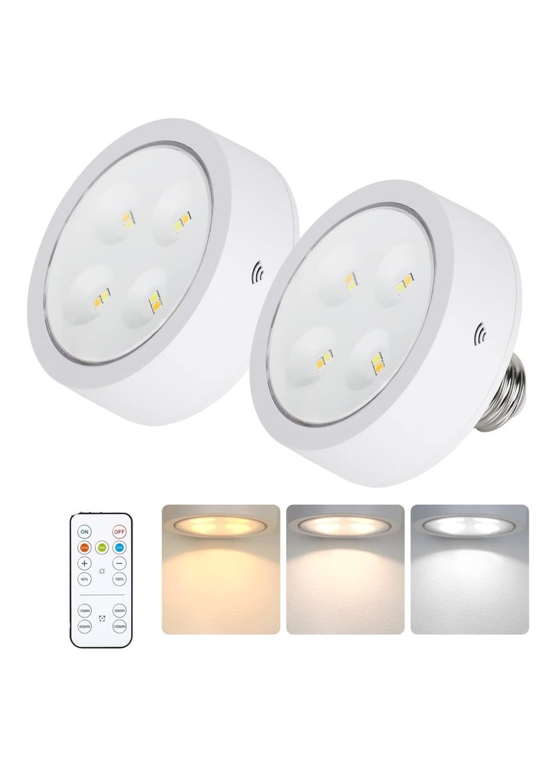 SYOSI 2 Packs Battery Operated Light Bulb for Lamps, 3 Color Screw in LED Puck Lights with 1 Remote, AA Battery Powered, Wireless Dimmable Timer Light Bulb with E26 Screw Socket for Non Electric Wall Sconce - Image 1