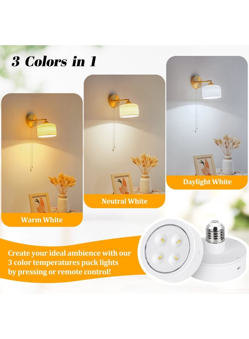 SYOSI 2 Packs Battery Operated Light Bulb for Lamps, 3 Color Screw in LED Puck Lights with 1 Remote, AA Battery Powered, Wireless Dimmable Timer Light Bulb with E26 Screw Socket for Non Electric Wall Sconce - Image 2