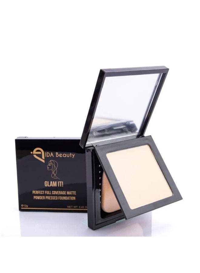 IDA Beauty Glam It! Perfect Full Coverage Matte Powder Pressed Foundation | 2-in-1 Setting & Foundation | Matte Finish, Long-Lasting, Lightweight | Vegan, Halal, Cruelty-Free (OBY 01) - Image 1