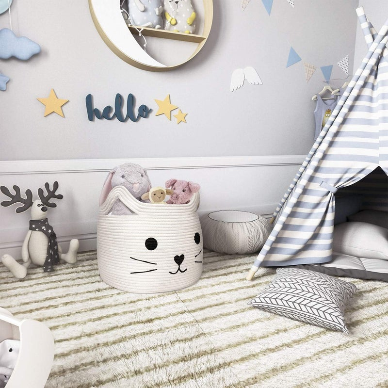 Excefore Large Woven Cotton Rope Storage Basket with Cute Cat Design Animal Laundry Basket Organizer for Towels, Blanket, Toys, Clothes, Gifts – Pet or Baby Gift Baskets(40cm L×30cmH) - Image 4