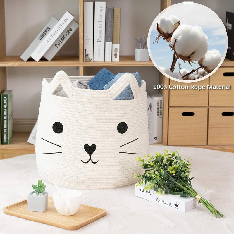 Excefore Large Woven Cotton Rope Storage Basket with Cute Cat Design Animal Laundry Basket Organizer for Towels, Blanket, Toys, Clothes, Gifts – Pet or Baby Gift Baskets(40cm L×30cmH) - Image 3