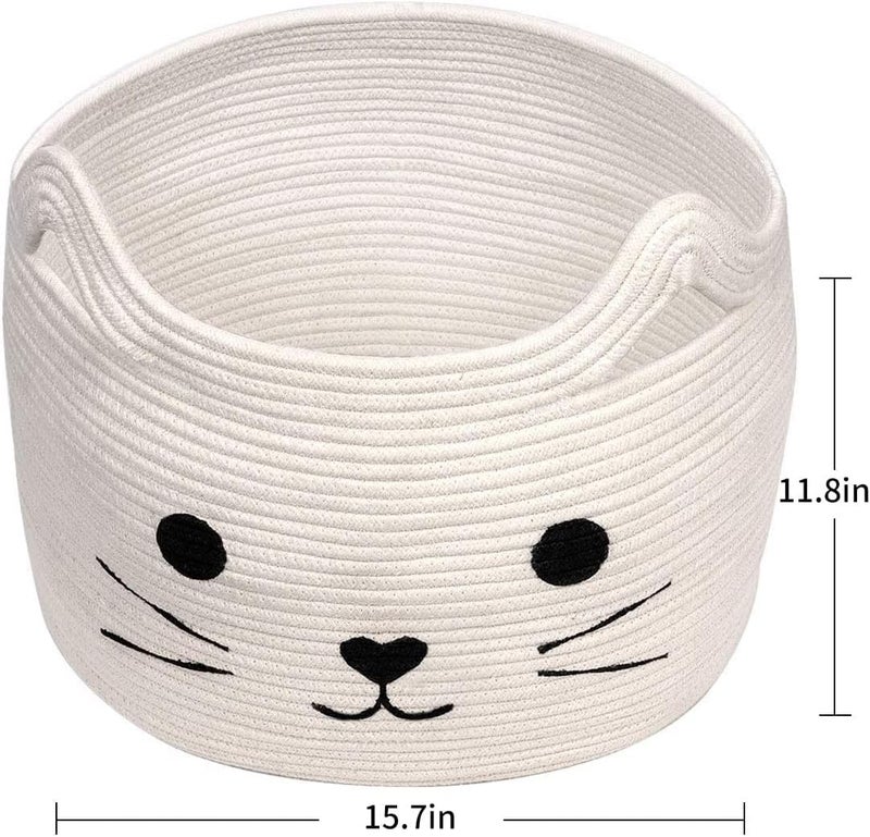 Excefore Large Woven Cotton Rope Storage Basket with Cute Cat Design Animal Laundry Basket Organizer for Towels, Blanket, Toys, Clothes, Gifts – Pet or Baby Gift Baskets(40cm L×30cmH) - Image 2