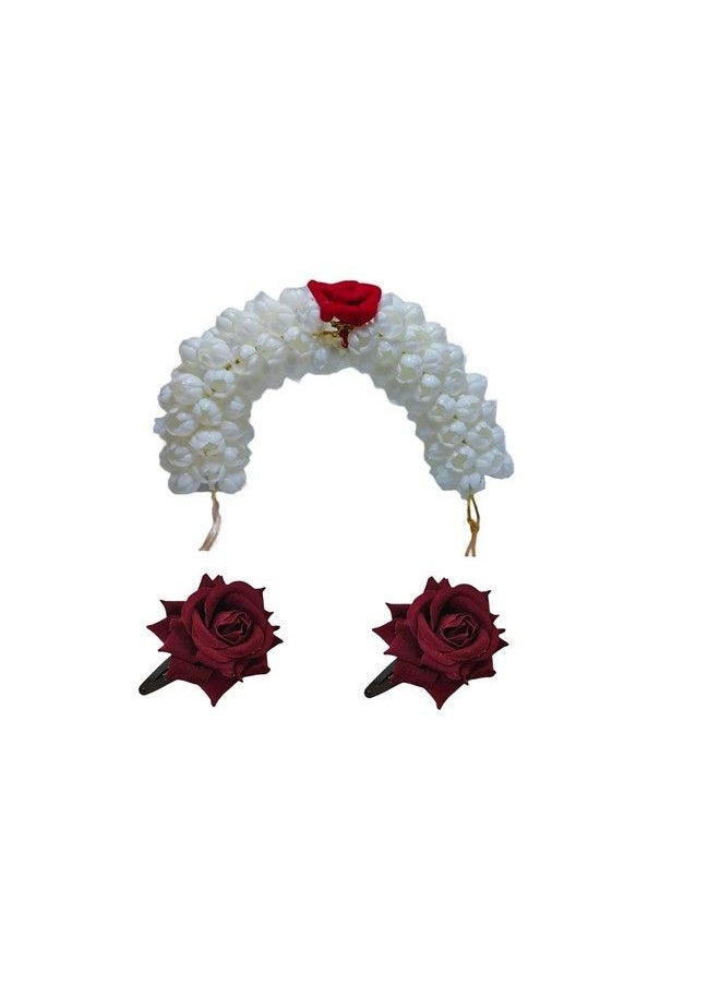 LYF5STAR - ™ Combo Of Artificial Gajra With Natural Looks And Handmade Artificial Red Rose Flower Tiktok Hairpin Wedding Hair Accessories Pack Of 3 (1 White Gajra And 2 Red Rose Hairpins) - Image 1
