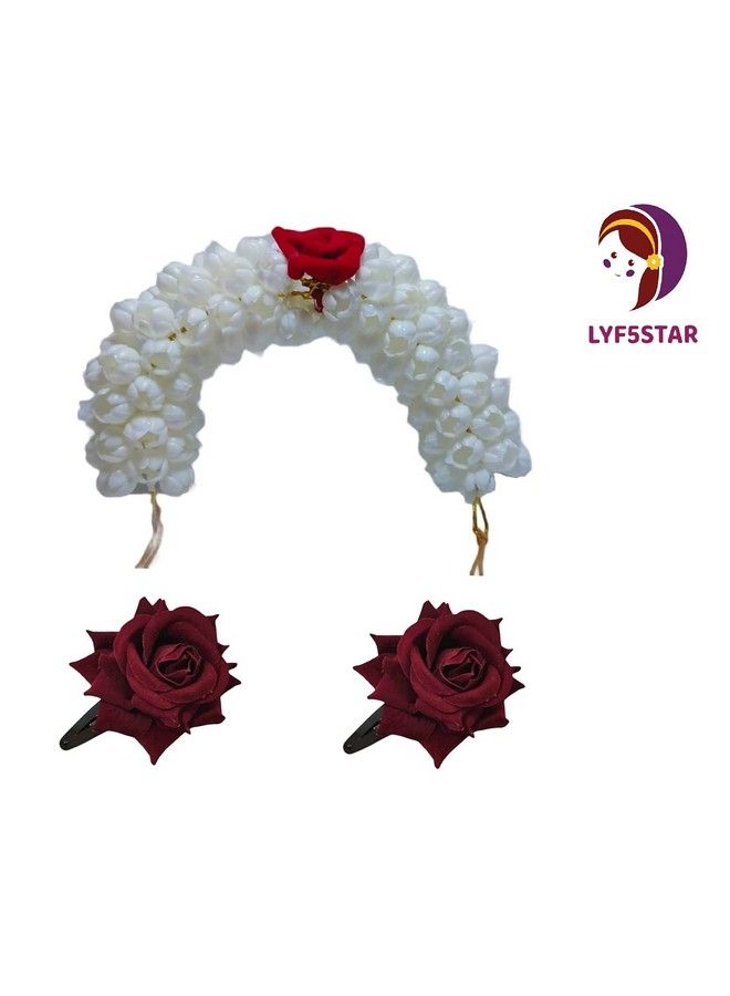 LYF5STAR - ™ Combo Of Artificial Gajra With Natural Looks And Handmade Artificial Red Rose Flower Tiktok Hairpin Wedding Hair Accessories Pack Of 3 (1 White Gajra And 2 Red Rose Hairpins) - Image 1