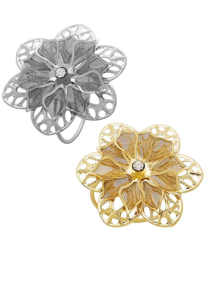 SYOSI Flower Napkin Rings 10 Pieces Napkin Ring Holders Banquet Home Party Decorfor Elegant and Exquisite Table Decor for Wedding Party Dinner - Reusable Napkin Buckle Holder Rings Golden and Silver - Image 2