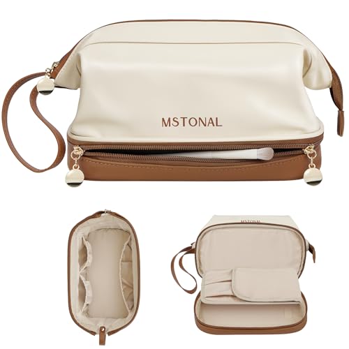 MSTONAL Travel Makeup Bag, Large Capacity Double Layer Cosmetic Bags for Women, Waterproof Portable Make Up Skincare Pouch with Makeup Brush Organizer, Toiletry Bag for Essentials, Beige & Brown - Image 1
