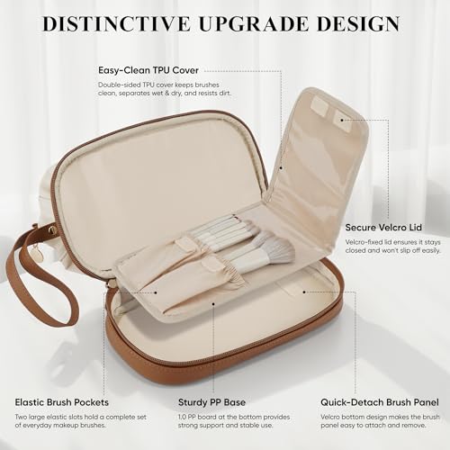 MSTONAL Travel Makeup Bag, Large Capacity Double Layer Cosmetic Bags for Women, Waterproof Portable Make Up Skincare Pouch with Makeup Brush Organizer, Toiletry Bag for Essentials, Beige & Brown - Image 4